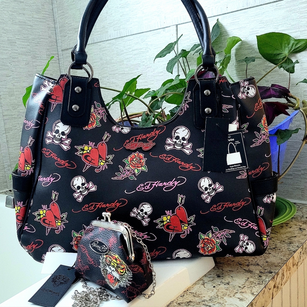 Ed Hardy Tote Handbag With Matching Kiss Lock Coin Purse